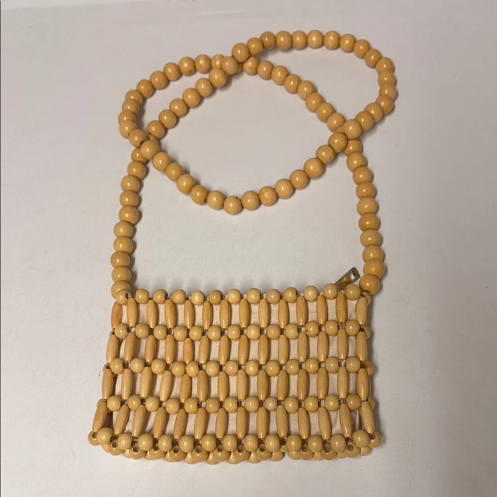 Wood Beaded Tan Shoulder Bag - Picture 1 of 6
